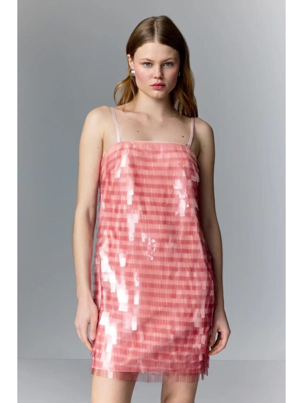 Badgley Mischka Pink Sequin Mini Dress Size 14 Spaghetti Strap Cocktail Party